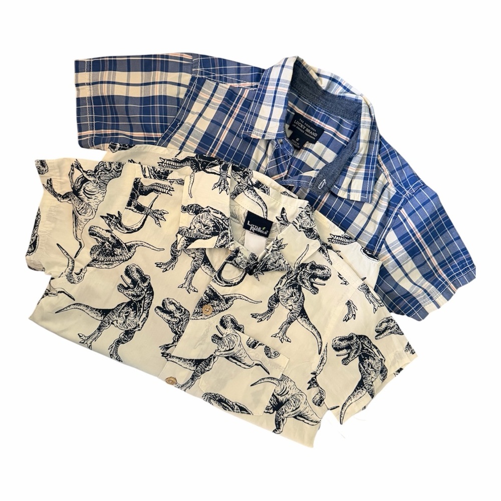 Boys Button Down Shirt Bundle Lot Cotton Blend 6 Plaid Dinosaur Summer Vacation